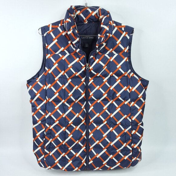 Lands End Womens Down Quilted Puffer Vest Navy Rust White Lattice Print Large - Picture 3 of 6